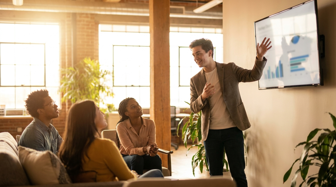 A young entrepreneur giving a presentation to an engaged audience