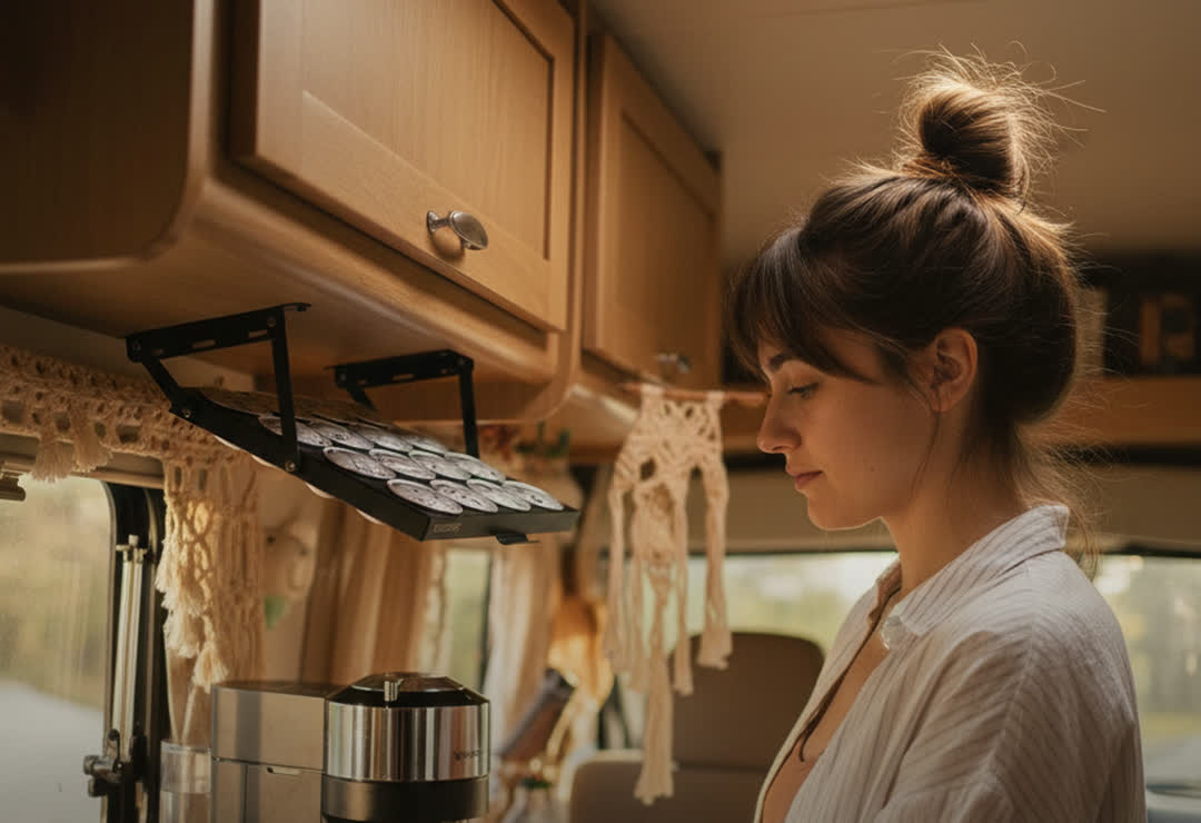 The Coffee Keeper mounted under an RV cabinet, holding Nespresso pods
