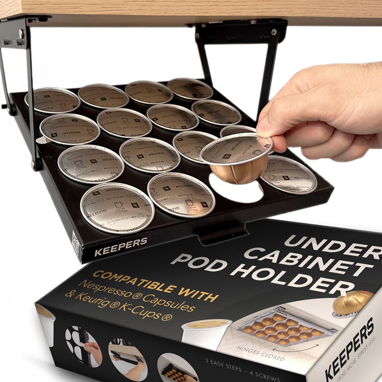 Coffee Keepers Bold black under cabinet K-cup holder — main listing hero photo with packaging