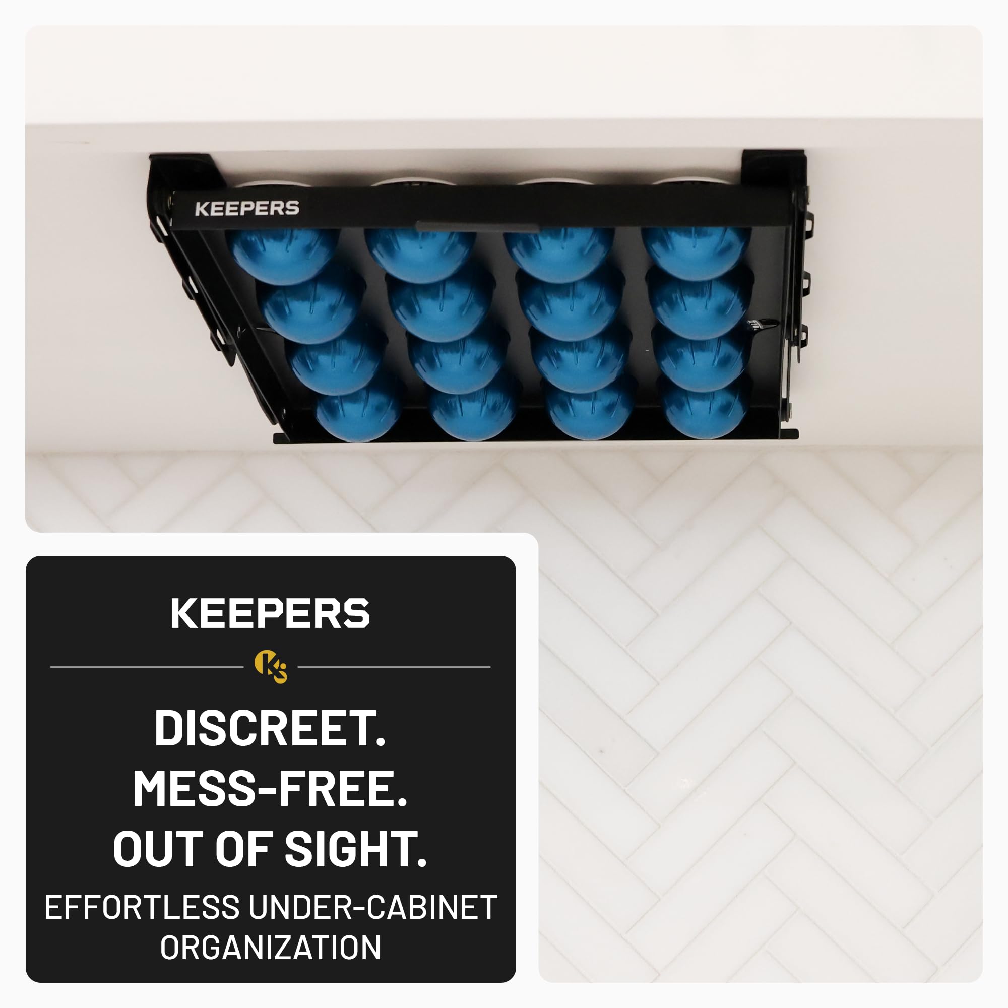 Coffee Keepers Bold black under cabinet K-cup holder — capacity and pod holding view