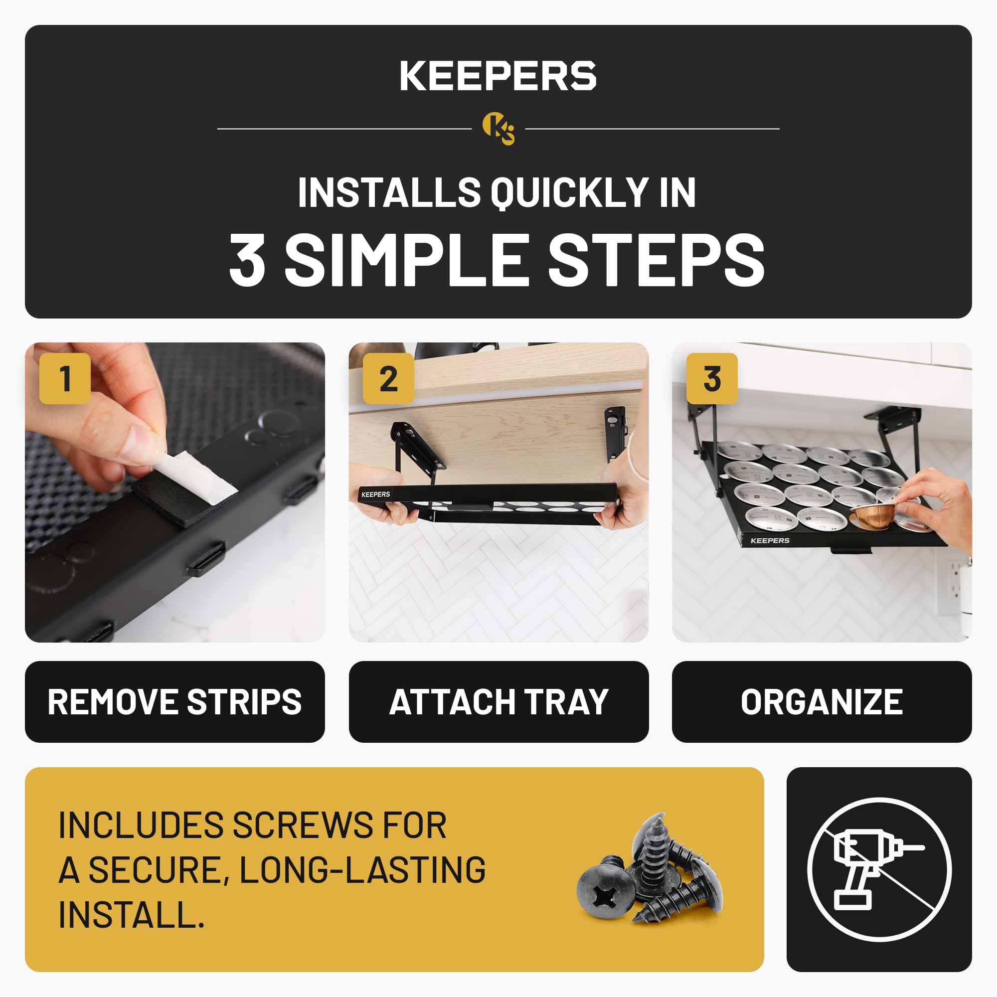 Coffee Keepers Bold black under cabinet K-cup holder — feature callout view