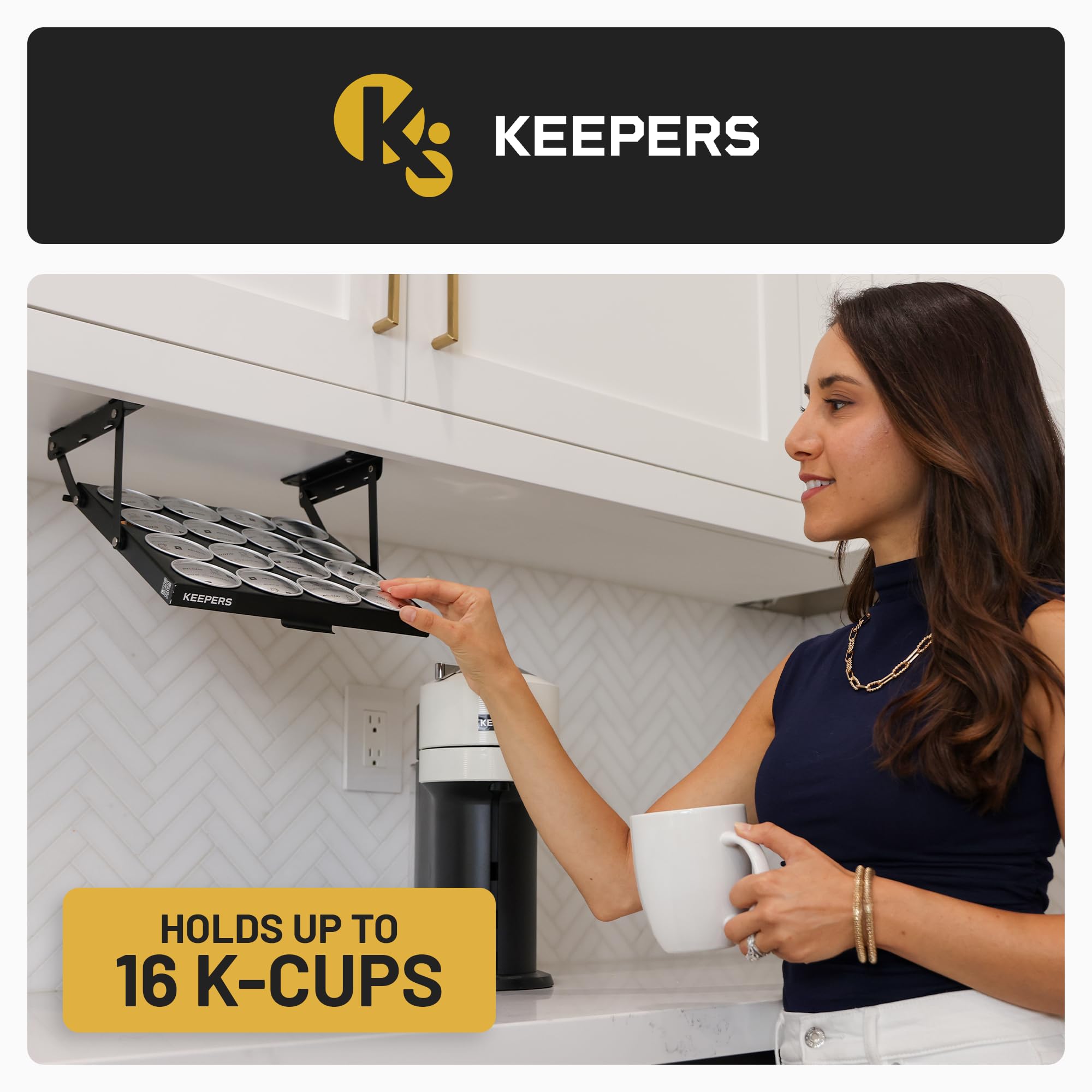 Coffee Keepers Bold black under cabinet K-cup holder — lifestyle photo with person using product