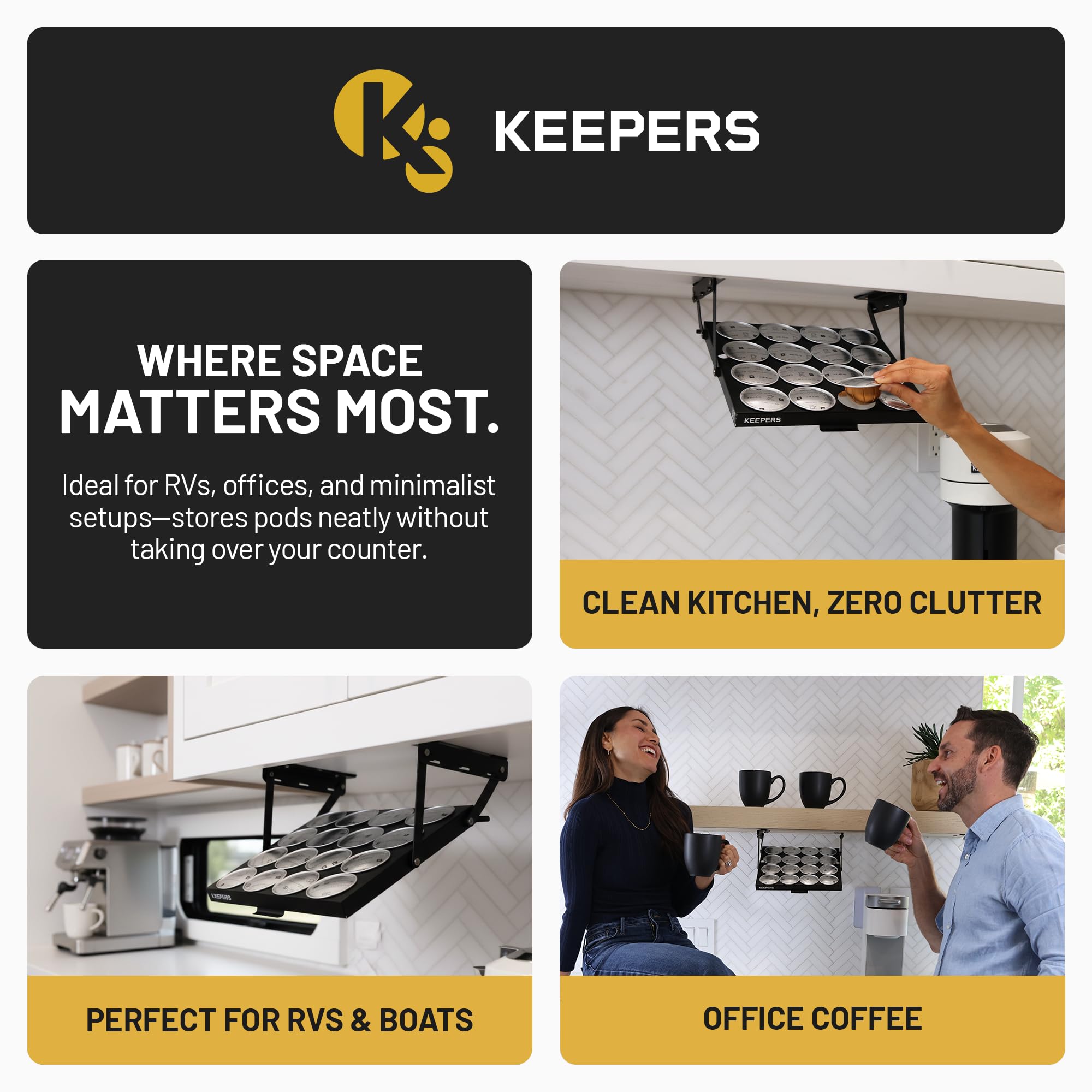 Coffee Keepers Bold black under cabinet K-cup holder — where to use feature panel — RV office kitchen