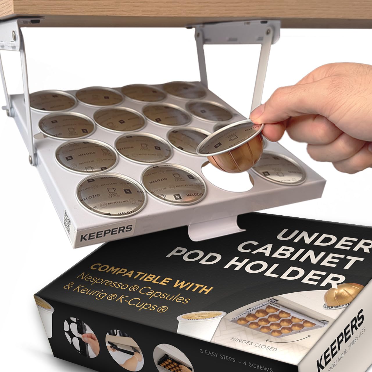 Coffee Keepers Bold white under cabinet K-cup holder — main listing hero photo with packaging