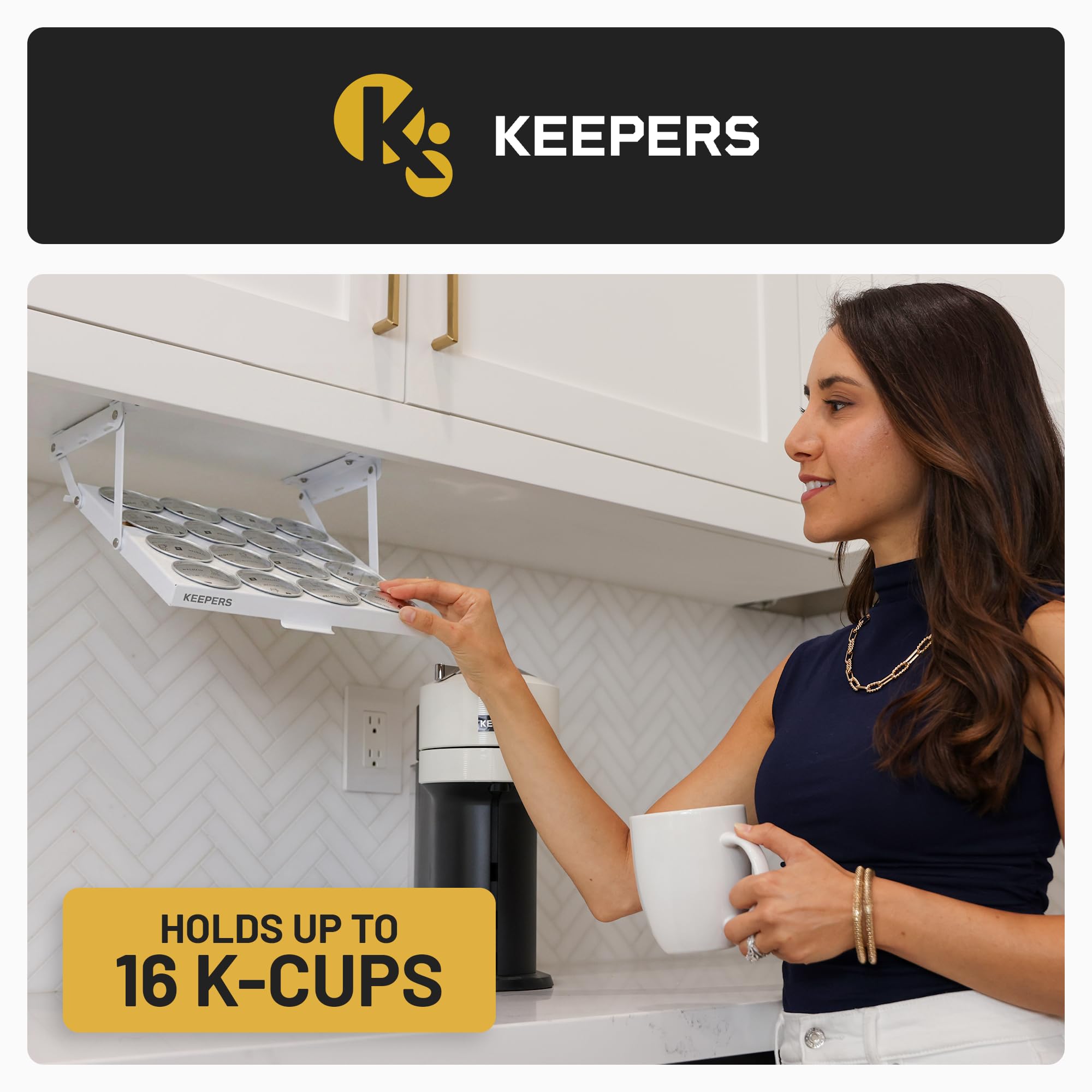 Coffee Keepers Bold white under cabinet K-cup holder — lifestyle photo with person using product