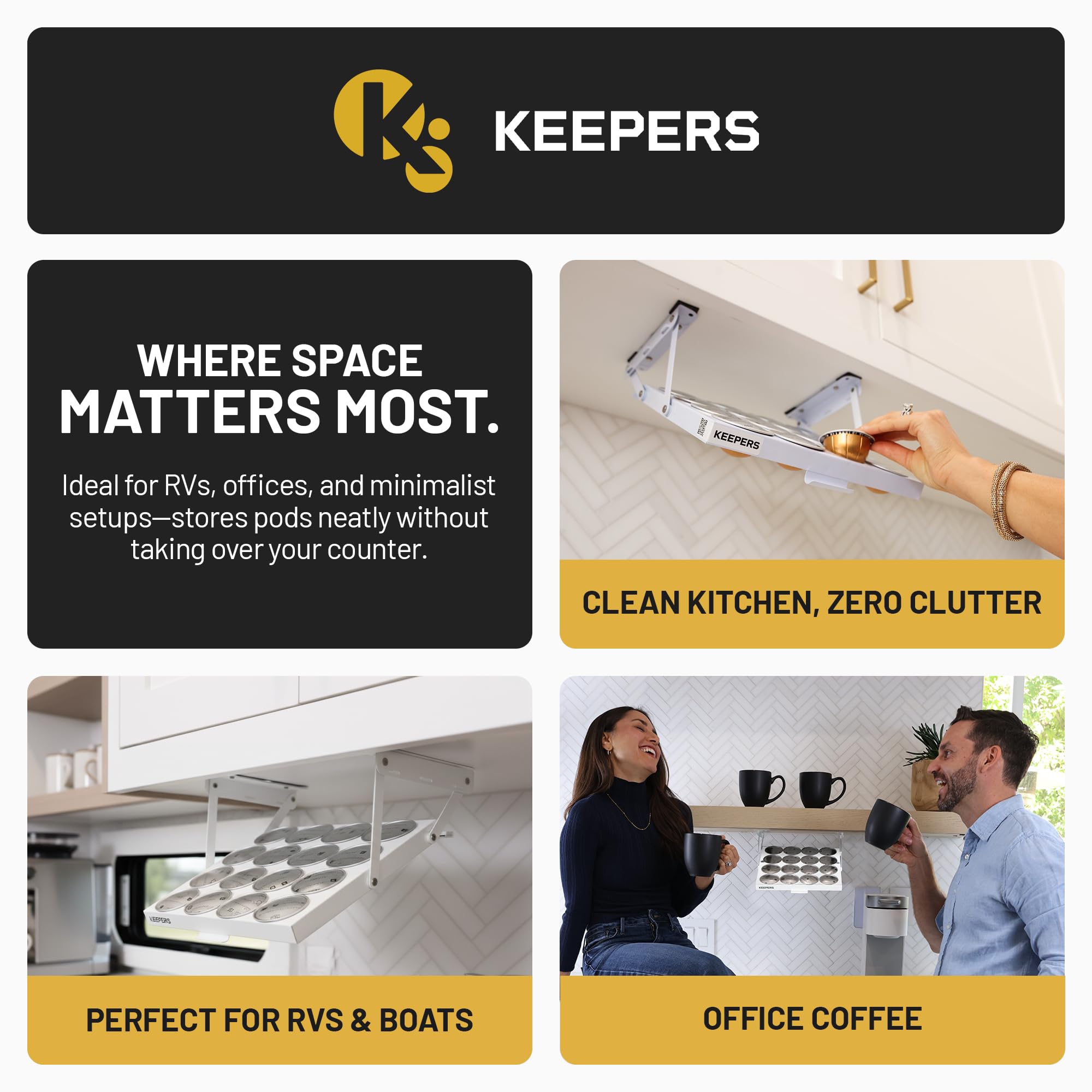 Coffee Keepers Bold white under cabinet K-cup holder — where to use feature panel — RV office kitchen