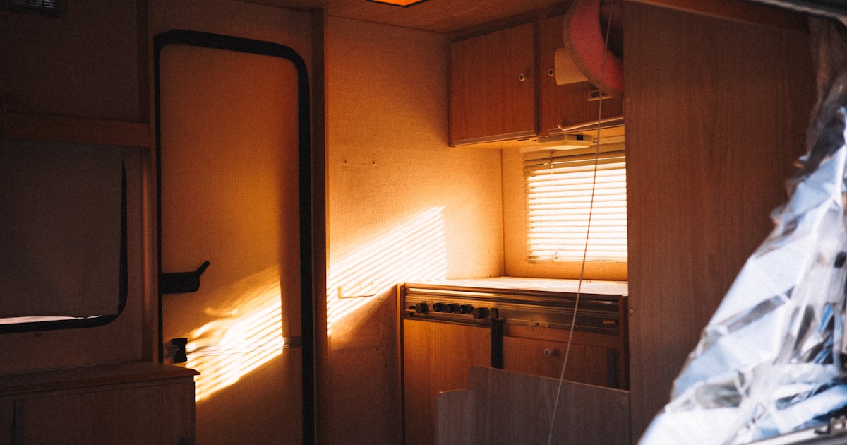 RV camper van interior with sunlight streaming through the windows