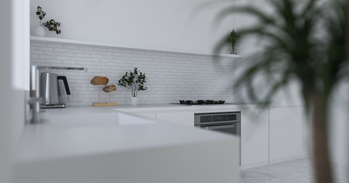 Bright white rental apartment kitchen with botanical accent and minimalist countertop styling