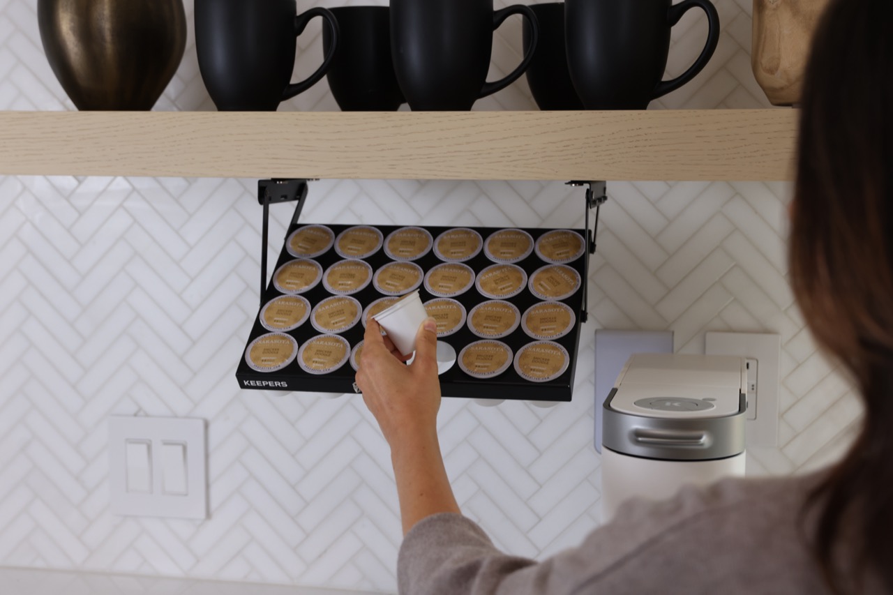Under-Cabinet Coffee Pod Organizer (No Drilling) in use